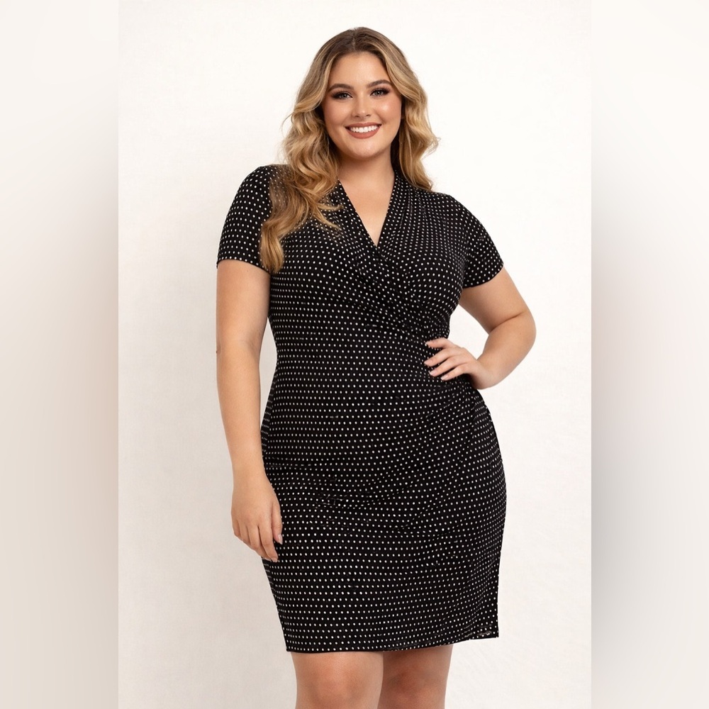 Norma Kamali Black & White Polka‎ Dot Faux Wrap Dress Sz. XL